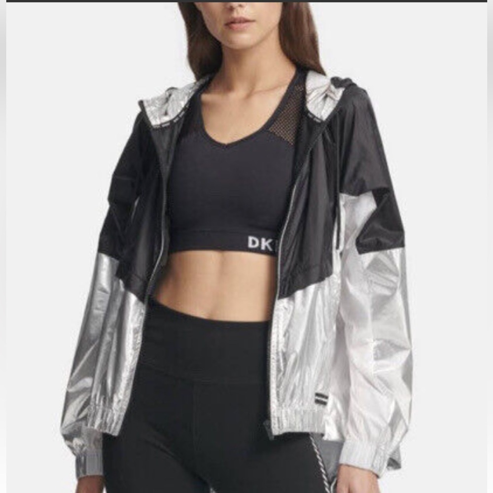 DKNY SPORT BLACK SILVER COLOR BLOCK  HOODED REFLECTIVE WINDBREAKER JACKE…
